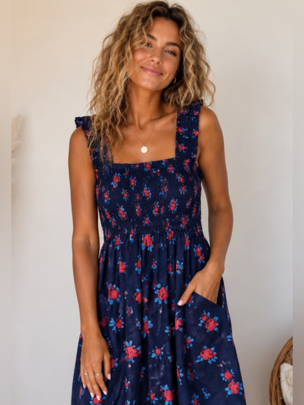 DKNY vibrant smocked top pocketed lite weight dress. 34” long, 14” top Med $40